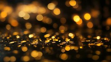 ai gerado dourado bokeh, chovendo luz, embaçado luzes, noite luzes, cidade luzes, volta bokeh, embaçado fundo, ouro confettis em uma Preto fundo, amarelo e laranja, círculo bokeh foto