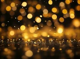 ai gerado dourado bokeh, chovendo luz, embaçado luzes, noite luzes, cidade luzes, volta bokeh, embaçado fundo, ouro confettis em uma Preto fundo, amarelo e laranja, círculo bokeh foto