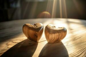 rústico de madeira corações dentro Sol feixes. gerar ai foto