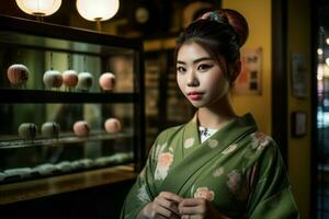 ai gerado jovem mulher dentro quimono trabalhando dentro matcha loja de chá. gerar ai foto