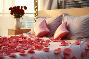 ai gerado romântico ambiente rosa pétalas espalhados em uma cama dentro uma hotel quarto ai gerado foto