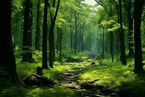 ai gerado uma vibrante verde floresta com diverso flora e alta majestoso árvores foto