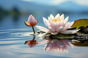 ai gerado cênico beleza uma lótus flor com uma pedra em calma água foto