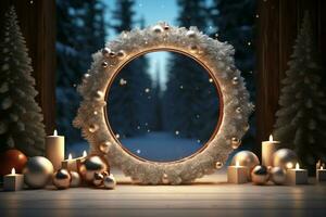 ai gerado elegantemente projetado 3d círculo quadro, Armação fundo perfeito para alegre Natal e feliz Novo ano ai gerado foto