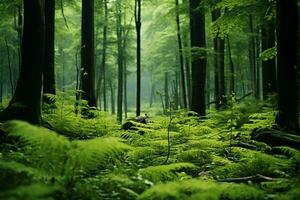 ai gerado majestoso árvores, pequeno arbustos, e samambaias dentro uma exuberante verde floresta foto