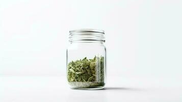 ai gerado uma jarra do seco cannabis folhas em uma branco fundo. foto