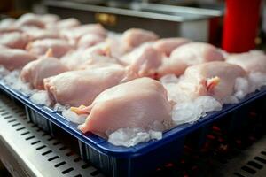 ai gerado aves de capoeira em processamento estágios do frango carne Produção ai gerado foto