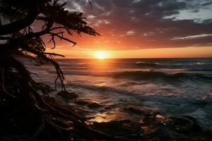 ai gerado horizonte em chamas a pitoresco Visão do uma deslumbrante pôr do sol ai gerado foto