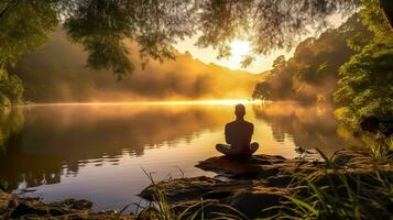 ai gerado sereno cena Onde uma pessoa é meditando de uma tranquilo lago às nascer do sol, com □ Gentil névoa pairando acima a água e exuberante árvores enquadramento a pacífico configuração foto