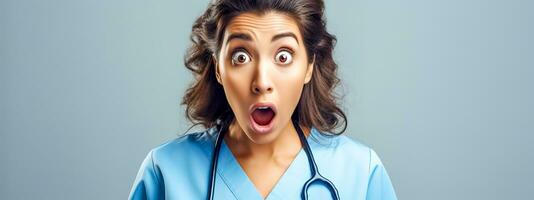 ai gerado uma surpreso jovem fêmea doutor, a expressão do espanto e espanto em dela face foto