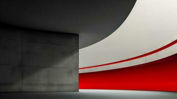 ai gerado minimalista arquitetônico Projeto exibindo uma negrito contraste entre uma concreto parede e uma varrendo curva com uma vibrante vermelho parte inferior. foto