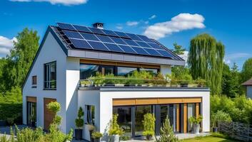 ai gerado sustentável vivo dentro uma moderno energia solar casa com uma telhado jardim oásis foto