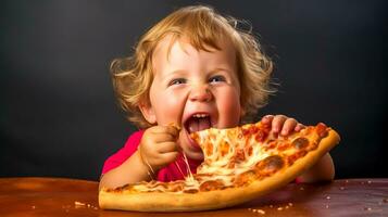 ai gerado feliz criança com apetite comendo grande pizza, pouco saudável velozes Comida conceito para crianças foto