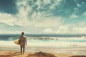 ai gerado aventureiro homem prancha de surfe de praia. gerar ai foto