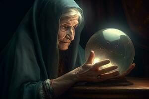 ai gerado velho mulher segurando cristal Magia bola. gerar ai foto