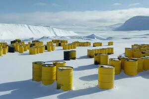 ai gerado radioativo desperdício substância dentro barris dentro Antártica. gerar ai foto