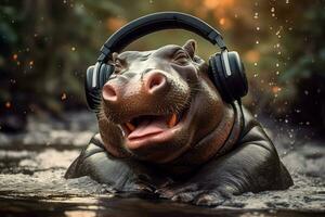 ai gerado confortável hipopótamo fones de ouvido. gerar ai foto