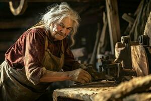 ai gerado carpinteiro velho mulher serraria. gerar ai foto