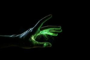 ai gerado verde holograma do mão em Preto fundo. gerar ai foto