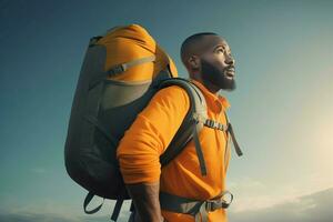 ai gerado homem elevação mochila ao ar livre retrato. gerar ai foto