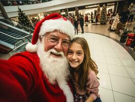 ai gerado feliz criança Conheça santa claus em Natal foto