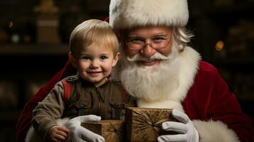 ai gerado feliz criança Conheça santa claus em Natal foto