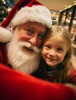 ai gerado feliz criança Conheça santa claus em Natal foto