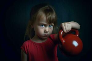 ai gerado pequeno menina com vermelho ginástica peso. gerar ai foto