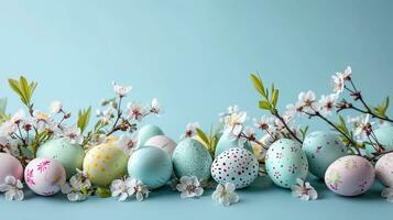 ai gerado Páscoa ovos e cereja flores em pastel azul fundo, sazonal Primavera feriado papel de parede. foto