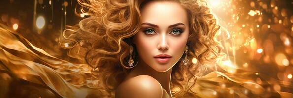 ai gerado bandeira elegante senhora com volumoso cabelo, dourado tons, ideal para beleza e moda campanhas foto