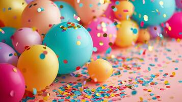 ai gerado colorida festa balões e confete em Rosa fundo - vibrante celebração, aniversário decoração, festivo papel de parede. foto