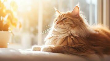 ai gerado sereno gengibre maine coon gato aquecendo dentro a caloroso luz solar de uma janela, uma perfeito companheiro para acolhedor casa configurações foto