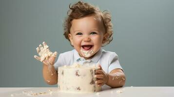 ai gerado feliz bebê com bolo, primeiro aniversário esmagar, bagunçado criança pequena comendo sobremesa, fofa criança celebração, alegre criança com Comida foto