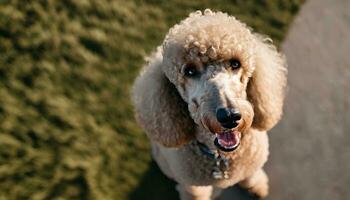 ai gerado linda jovem vermelho Damasco padrão poodle, ao ar livre foto