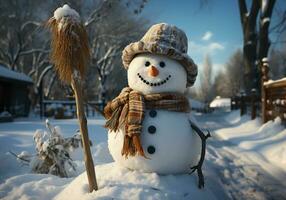 ai gerado engraçado boneco de neve em Nevado estrada foto
