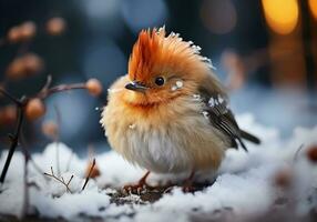 ai gerado colorida pássaro empoleirado em a Nevado terra foto