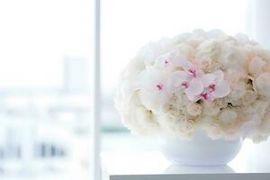 ai gerado lindo flores em mesa dentro Casamento dia. neural rede ai gerado foto