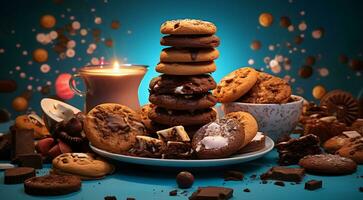 ai gerado doces em a abstrato fundo, biscoitos em a mesa, doces, chocolate, colorida fundo, delicioso doces, doce fundo bandeira foto