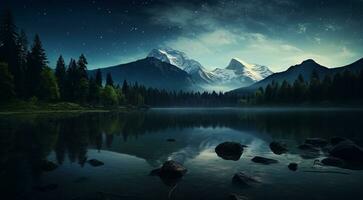 ai gerado lago dentro a montanhas, lago com floresta, cênico Visão do a lago foto