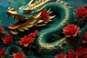 ai gerado uma dourado Dragão com vermelho flores em uma azul fundo foto