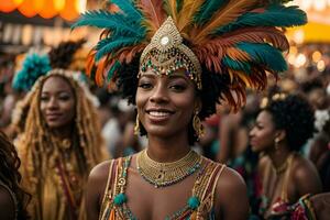 ai gerado uma mulher dentro uma carnaval traje com penas em dela cabeça foto