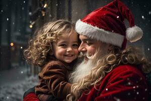 ai gerado santa claus é sorridente enquanto segurando uma criança dentro dele braços foto