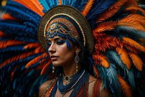 ai gerado uma mulher dentro uma traje com penas em dela cabeça, píxeis, Forte azul e laranja cores foto