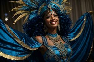 ai gerado uma mulher dentro uma azul traje posando para a Câmera, sociedade cg concurso ganhador, carnaval fundo foto