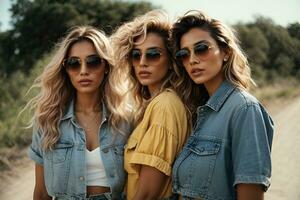 ai gerado moda mulheres amigos vestindo oculos de sol dentro verão jeanswear foto