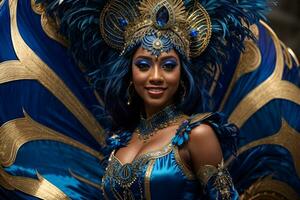 ai gerado uma mulher dentro uma azul traje posando para a Câmera, sociedade cg concurso ganhador, carnaval fundo foto