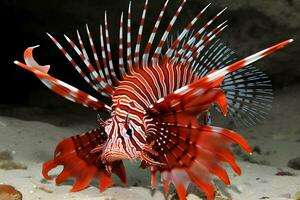 ai gerado vermelho peixe-Leão - 1 do a perigoso coral recife peixe. neural rede ai gerado foto