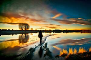 ai gerado mulher às pôr do sol de a água. neural rede gerado arte foto