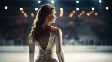 ai gerado figura patinação cena, figura skatista fazendo truques dentro gelo dentro profissional estádio, figura skatista em a gelo foto