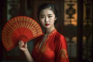 ai gerado chinês menina vestindo vermelho quimono e fã. gerar ai foto